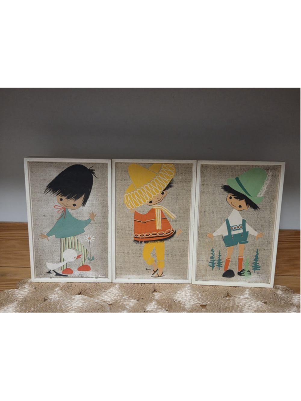 Vintage 1970s Miko Helsinki Finland Agnes Framed Children's Linen Wall Art Print